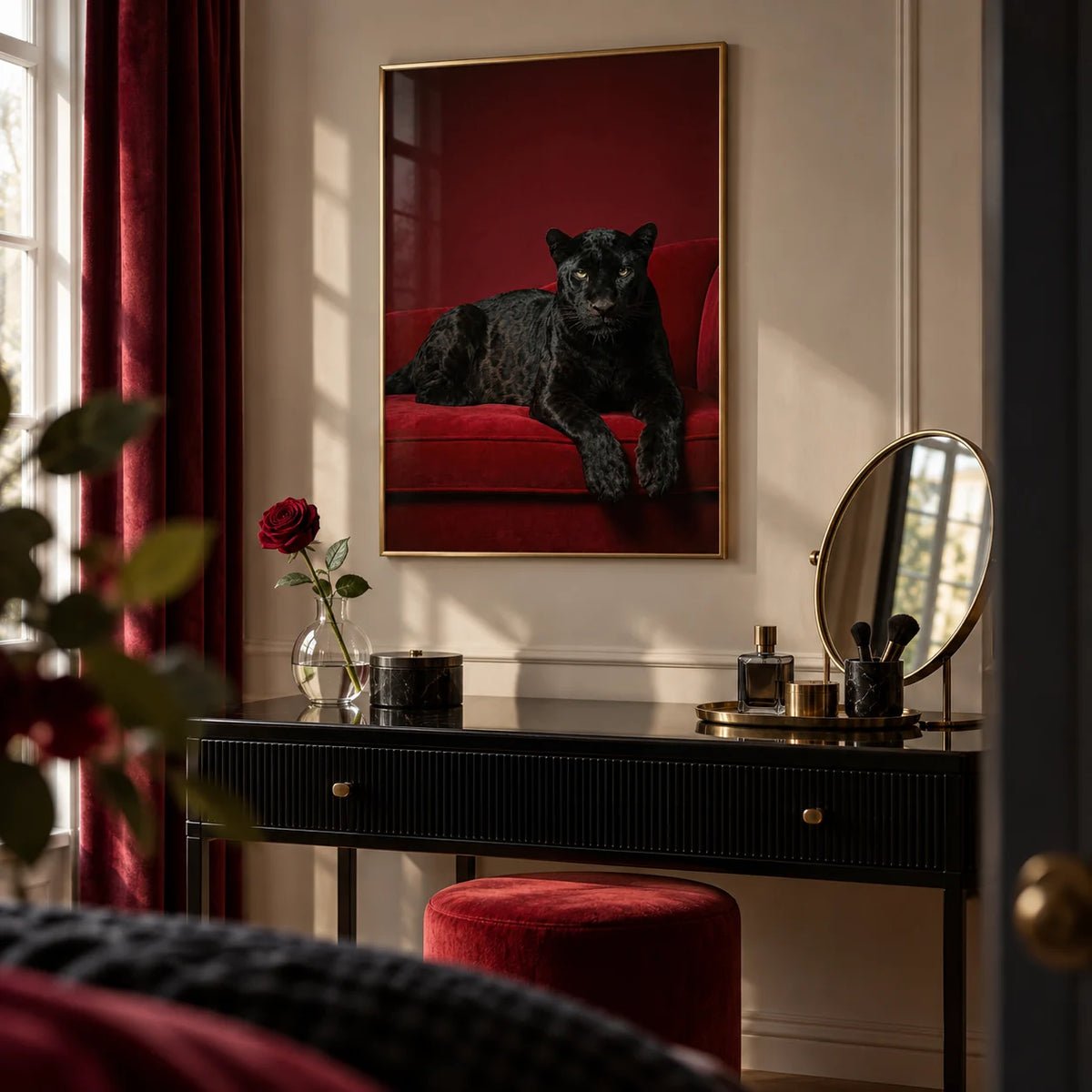 Luxury Panther Art, framed on the wall of an elegant dressing room