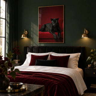 Luxury Panther Art, framed on the wall of a luxe bedroom with a deep green painted wall