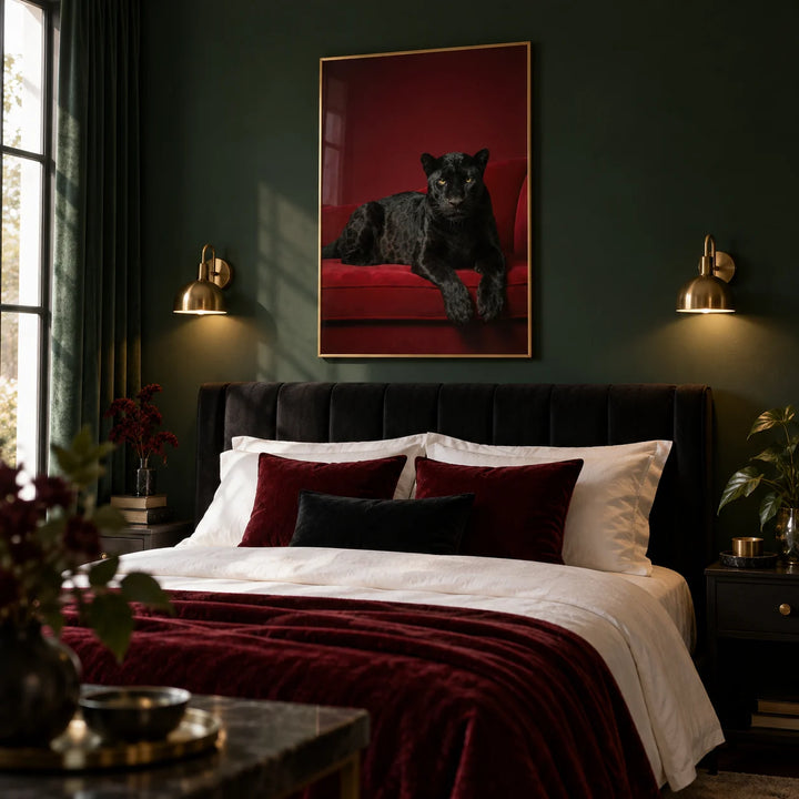 Luxury Panther Art, framed on the wall of a luxe bedroom with a deep green painted wall