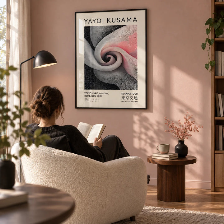 Luxury Wall Art for Living Room, framed on the wall of a contemporary reading corner with a muted blush wall and oak floor