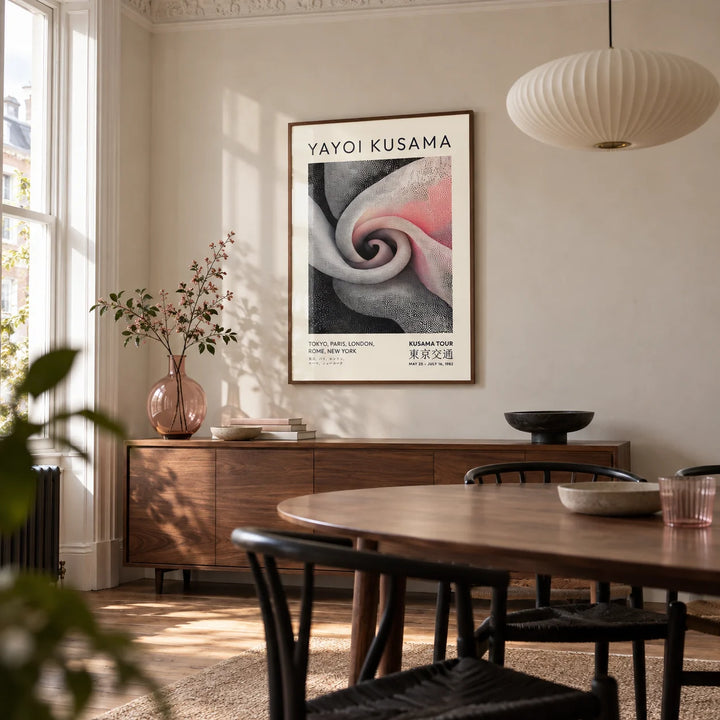 Luxury Wall Art for Living Room, framed on the wall of a modern dining room in a Victorian terrace with pale plaster walls and simple restored cornicing