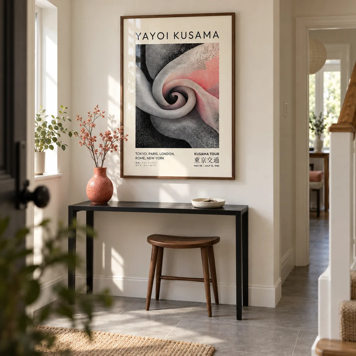 Luxury Wall Art for Living Room, framed on the wall of a modern entrance hallway in a UK maisonette with warm white walls and large plain grey floor tiles