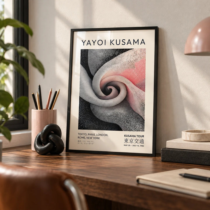 Luxury Wall Art for Living Room, a small A4 framed print leaning on a walnut desk