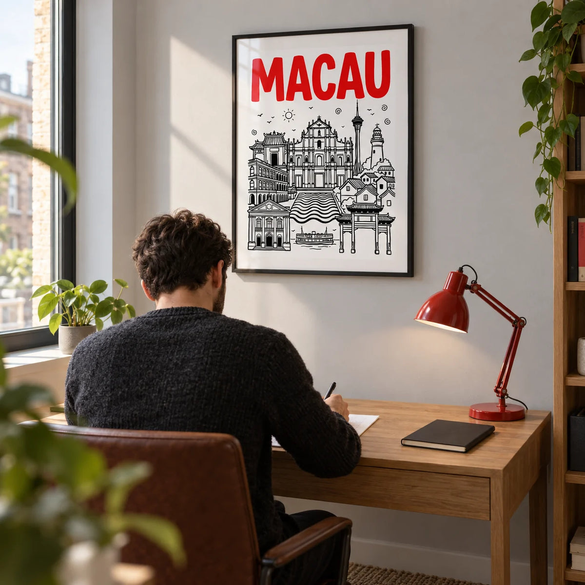 Macau Travel Art, framed on the wall of a compact home study in a modern UK flat with a pale grey wall