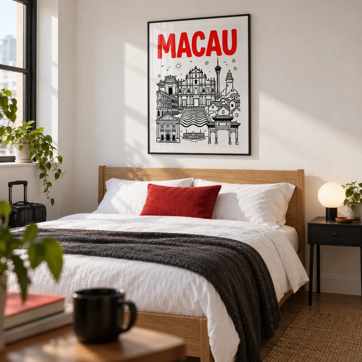 Macau Travel Art, framed on the wall of a crisp city-flat bedroom for a travel-loving adult (25-40) with a soft white wall