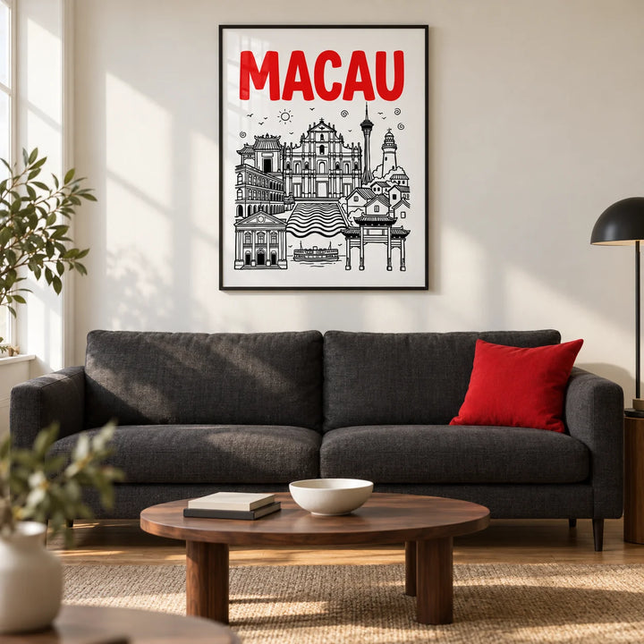 Macau Travel Art, framed on the wall of a design-led living room in a UK city flat with a warm white wall and oak floor