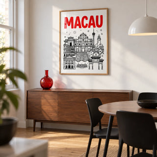 Macau Travel Art, framed on the wall of a modern dining room in a UK townhouse with a white wall and warm oak floor
