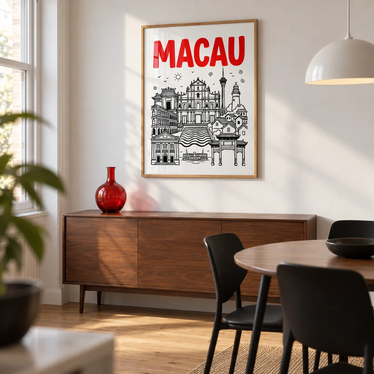 Macau Travel Art, framed on the wall of a modern dining room in a UK townhouse with a white wall and warm oak floor
