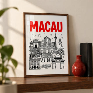 Macau Travel Art, a small A4 framed print leaning on a walnut shelf in a living room