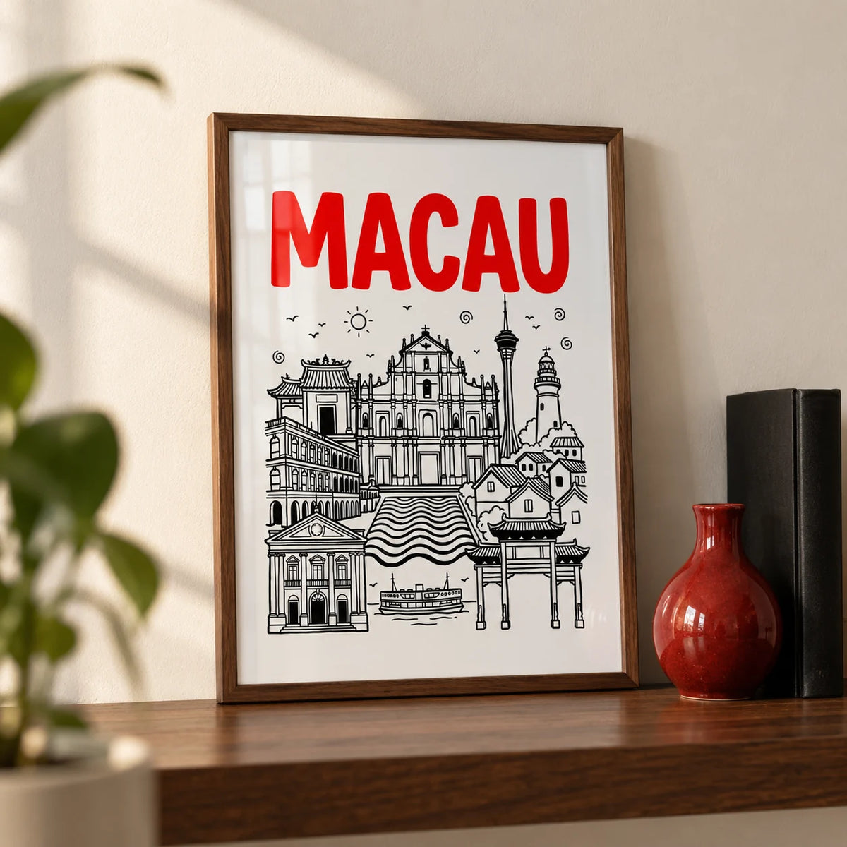 Macau Travel Art, a small A4 framed print leaning on a walnut shelf in a living room