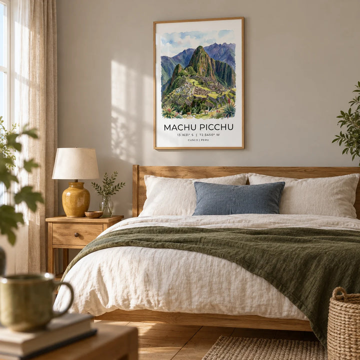 Machu Picchu Art Print, framed on the wall of a calm adult bedroom in a UK home with a pale warm grey wall and natural oak floorboards