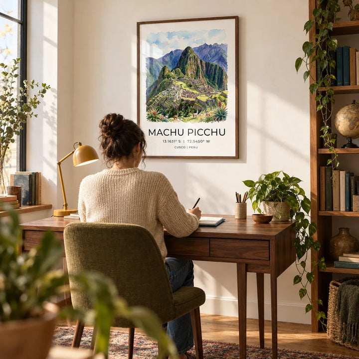 Machu Picchu Art Print, framed on the wall of a quiet home study for a travel-loving adult with a warm white wall and oak floorboards