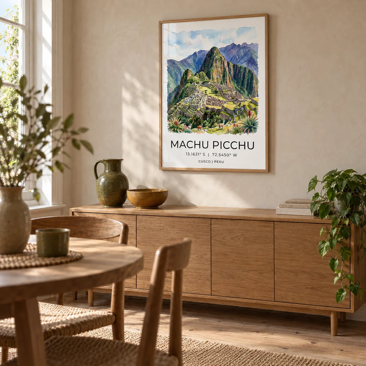 Machu Picchu Art Print, framed on the wall of a relaxed dining room in a UK garden flat with pale clay plaster walls and plain wooden floorboards