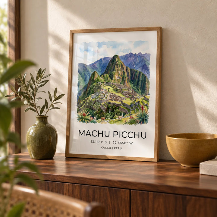 Machu Picchu Art Print, a small A4 framed print leaning on a walnut sideboard in a living room