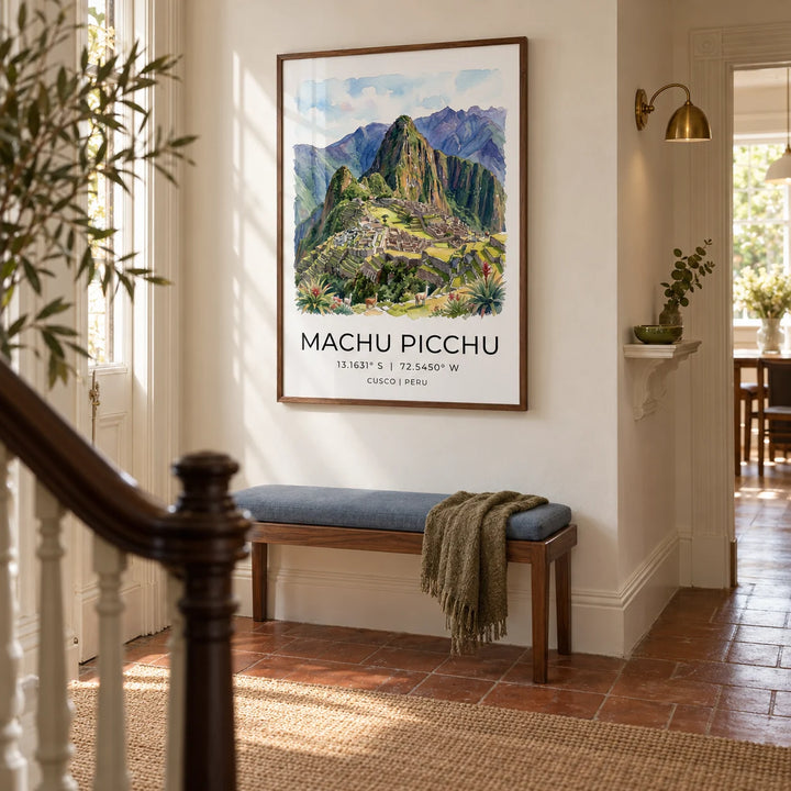 Machu Picchu Art Print, framed on the wall of a welcoming hallway in a Victorian terrace with warm white walls and a terracotta floor