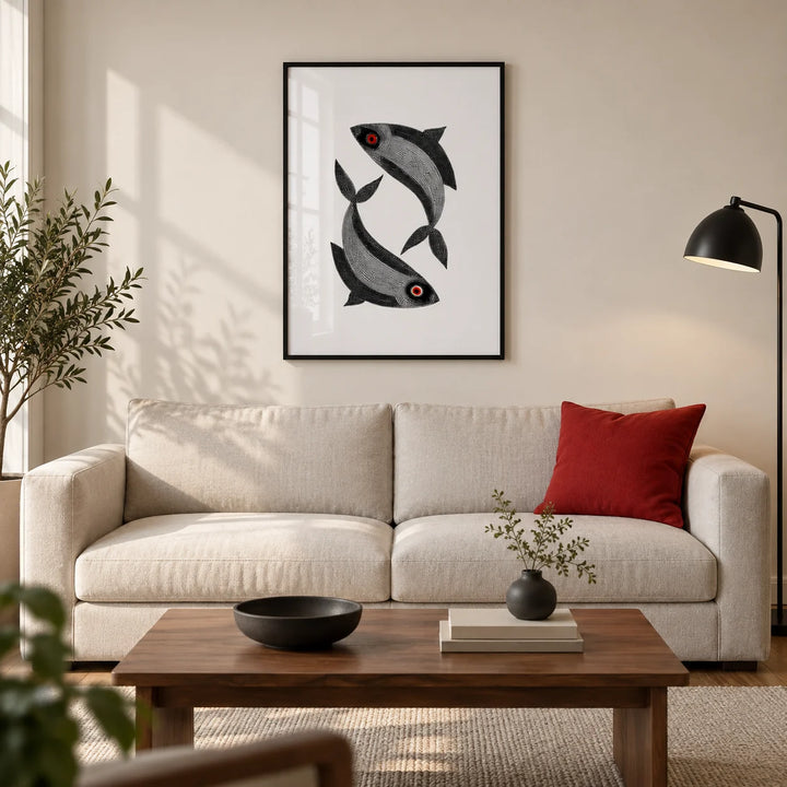 Madhubani Fish Wall Art, framed on the wall of a contemporary living room in a UK city flat with warm white plaster walls and a walnut floor