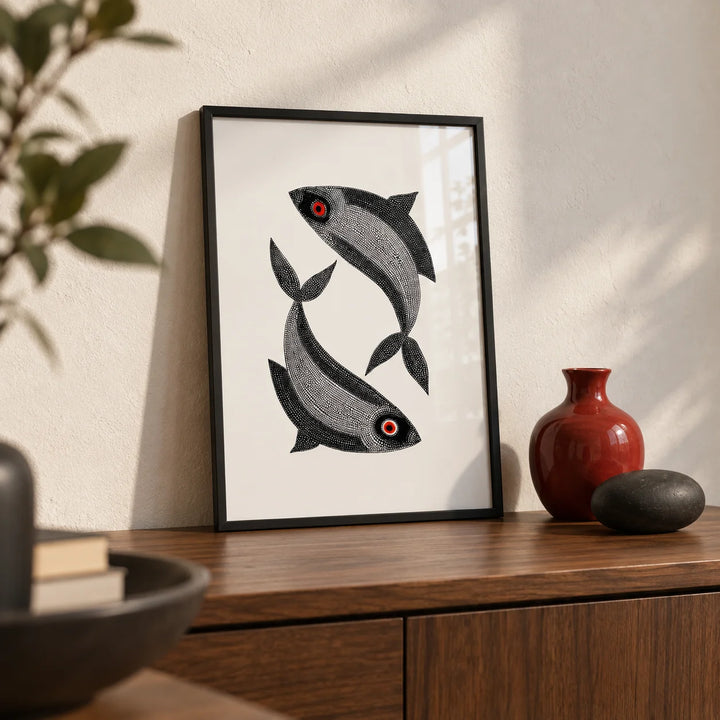 Madhubani Fish Wall Art, a small A4 framed print leaning on a walnut side table in a hallway