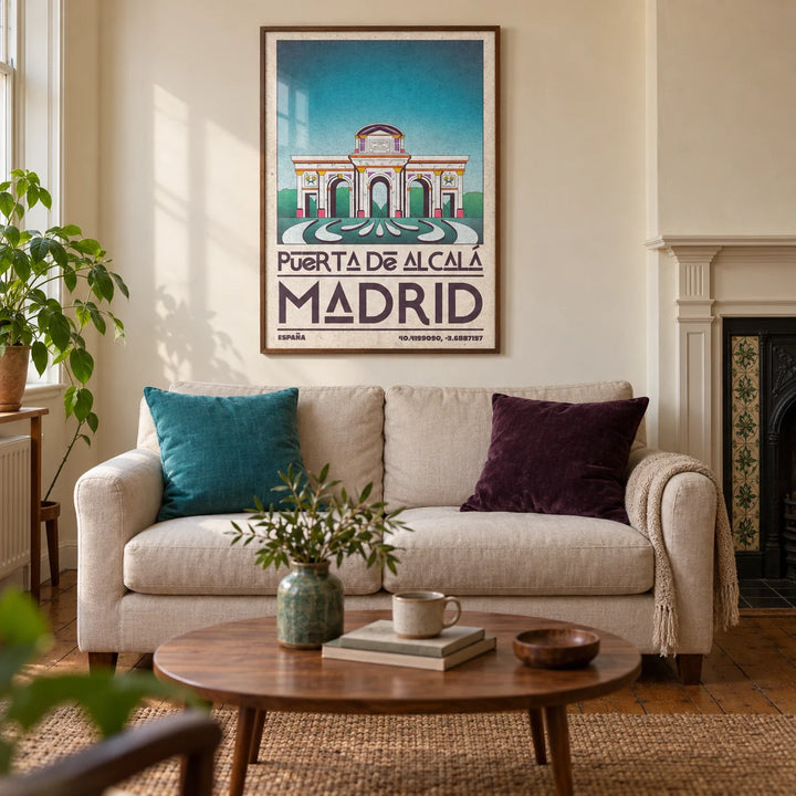 Madrid Architecture Poster, framed on the wall of a characterful living room in a UK Victorian terrace with warm cream plaster walls