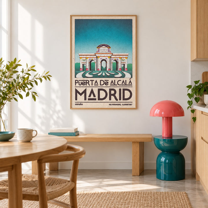 Madrid Architecture Poster shown in a colourful minimalist room (frame not included)