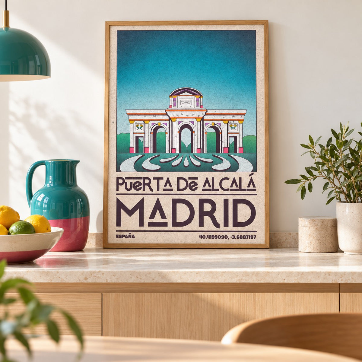 Madrid Architecture Poster shown in a kitchen, leaning on the counter (frame not included)