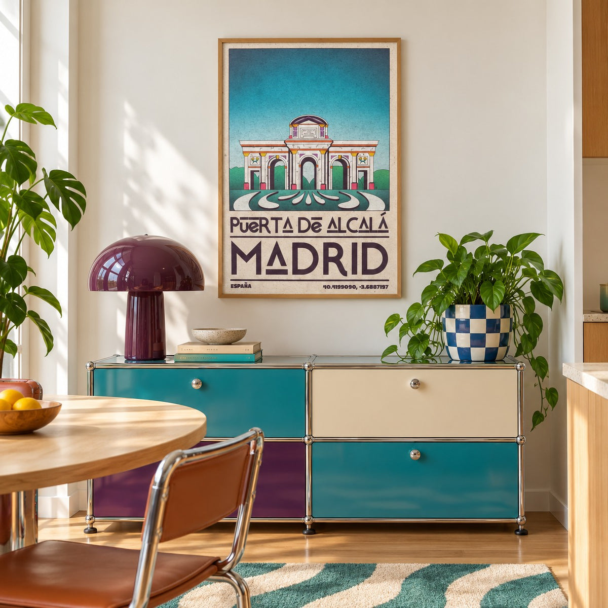 Madrid Architecture Poster shown in a playful retro modern room (frame not included)