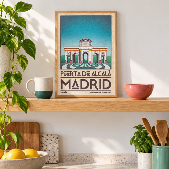 Madrid Architecture Poster shown in the small A4 size on a kitchen shelf (frame not included)