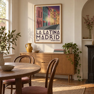 Madrid City Wall Art, framed on the wall of a characterful dining room in a UK Victorian terrace with warm white walls and a shallow arched alcove