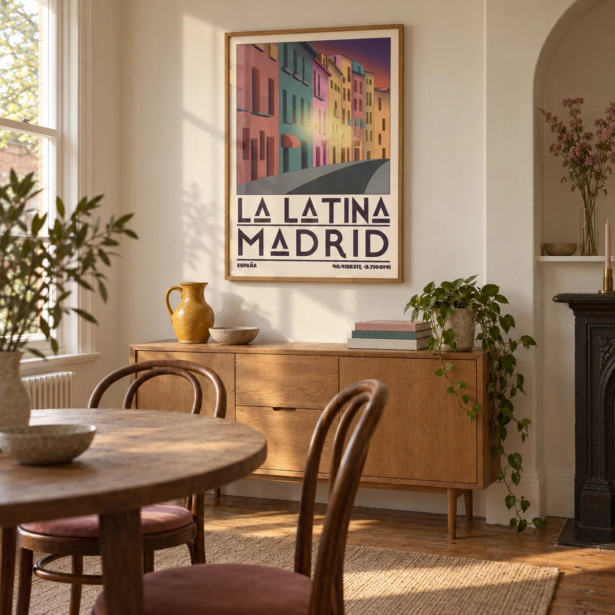 Madrid City Wall Art, framed on the wall of a characterful dining room in a UK Victorian terrace with warm white walls and a shallow arched alcove