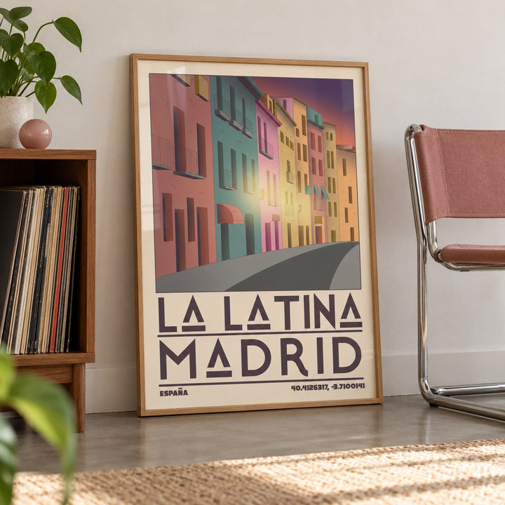 Madrid City Wall Art shown in a living room, leaning on the floor by a chrome chair (frame not included)
