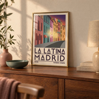 Madrid City Wall Art, a small A4 framed print leaning on a walnut sideboard in a living room
