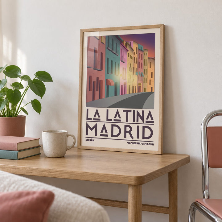 Madrid City Wall Art shown in the small A4 size on a side table (frame not included)