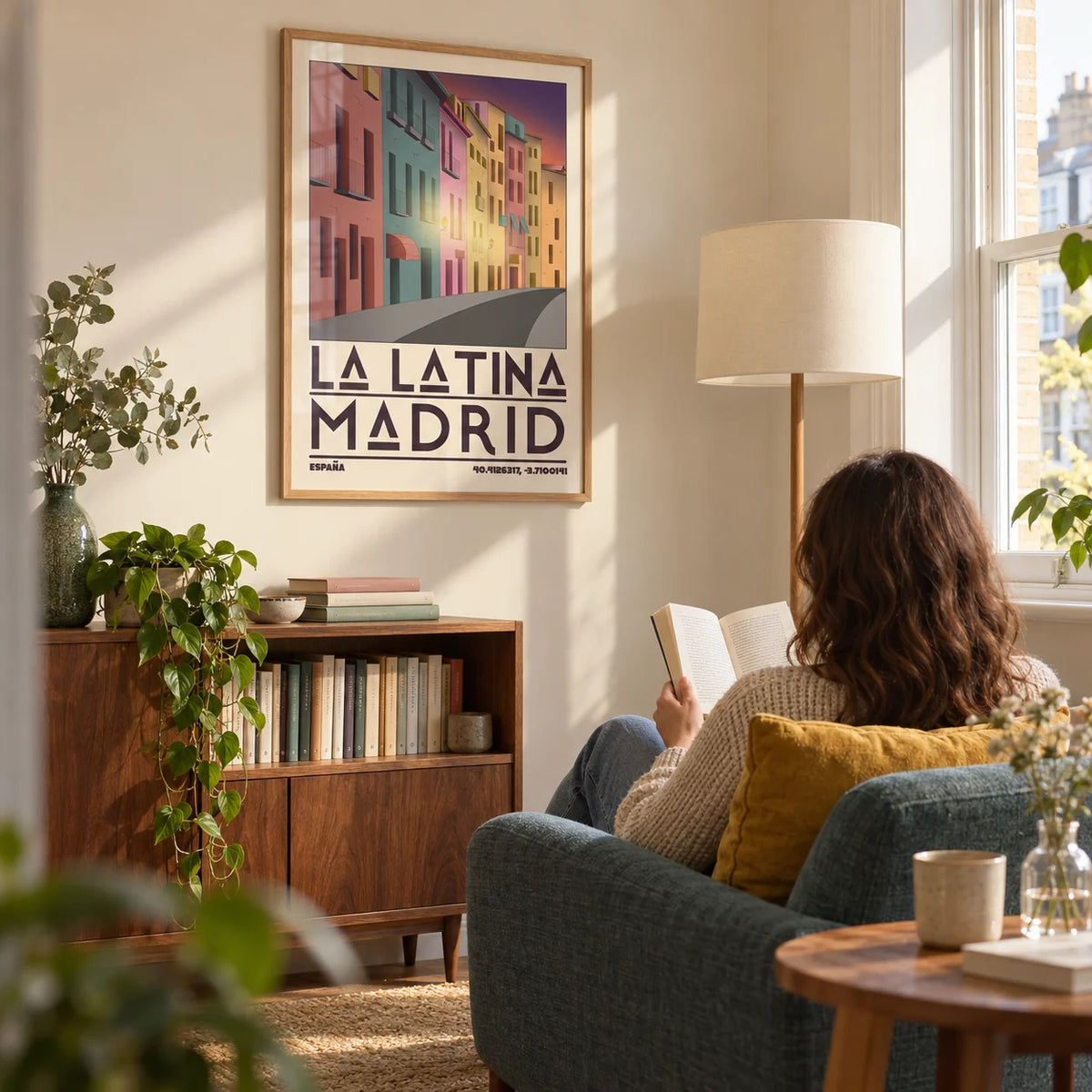 Madrid City Wall Art, framed on the wall of a sunny reading corner in a UK flat with a warm cream wall and a tall window in a living room