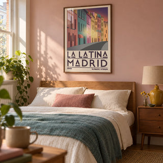 Madrid City Wall Art, framed on the wall of a warm mid-century bedroom in a UK flat with a pale dusty pink wall