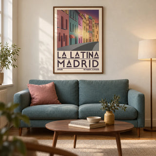 Madrid City Wall Art, framed on the wall of a warm modern living room in a UK city flat with cream plaster walls and a wooden floor