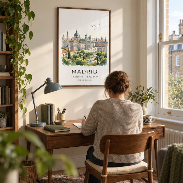Madrid Cityscape Art Print, framed on the wall of a quiet study in a UK flat with a warm white wall and a tall sash window