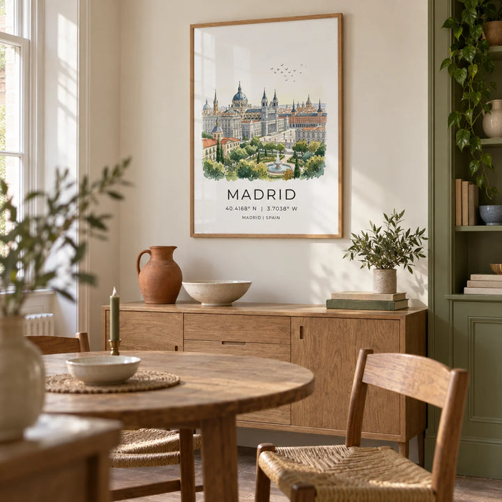 Madrid Cityscape Art Print, framed on the wall of a relaxed dining room in a UK terrace with pale cream walls and an olive green painted lower cupboard