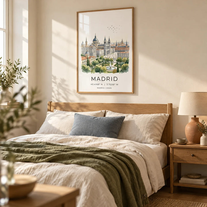 Madrid Cityscape Art Print, framed on the wall of a restful bedroom in a UK home with soft cream walls and a simple oak double bed