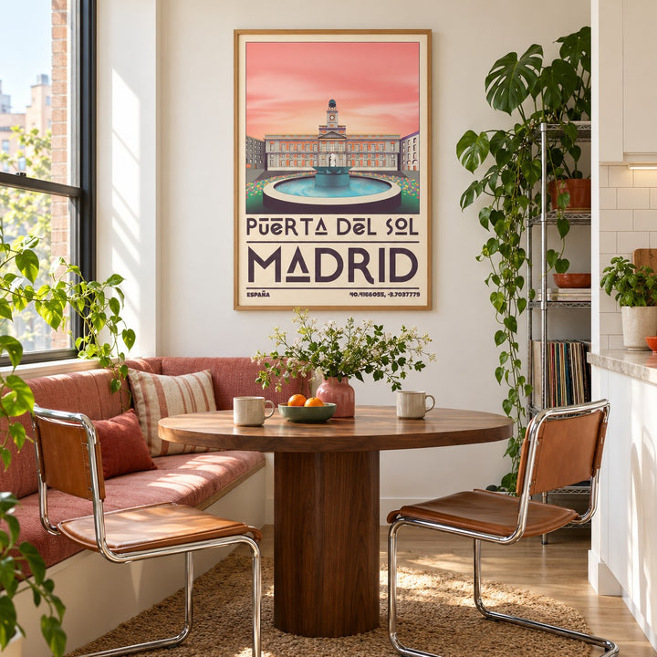 Madrid Landmark Art Print shown in a breakfast nook (frame not included)