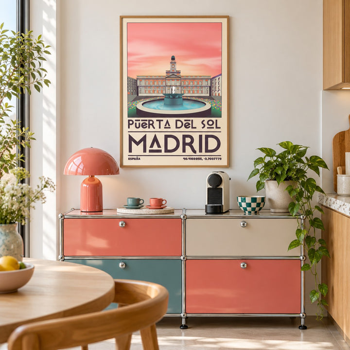 Madrid Landmark Art Print shown in a kitchen above a coffee station (frame not included)