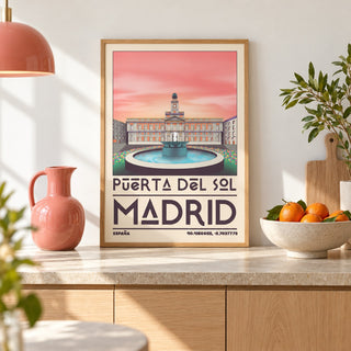 Madrid Landmark Art Print shown in a kitchen, leaning on the counter (frame not included)