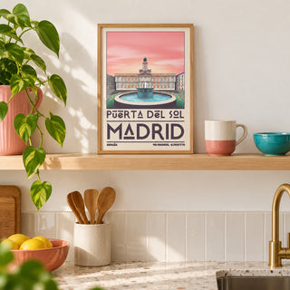 Madrid Landmark Art Print shown in the small A4 size on a kitchen shelf (frame not included)