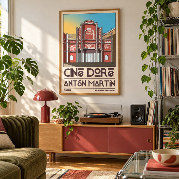 Madrid Landmark Poster shown in a city apartment record corner (frame not included)