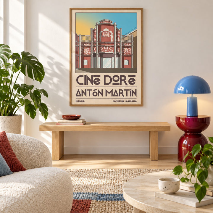Madrid Landmark Poster shown in a minimalist living room with an oak bench (frame not included)