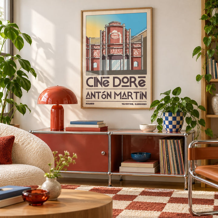 Madrid Landmark Poster shown in a playful living room with a retro modular sideboard (frame not included)
