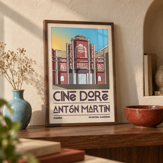 Madrid Landmark Poster, a small A4 framed print leaning on a walnut shelf in a living room