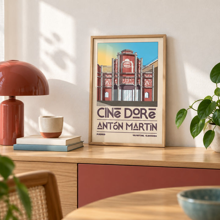 Madrid Landmark Poster shown in the small A4 size on a shelf (frame not included)