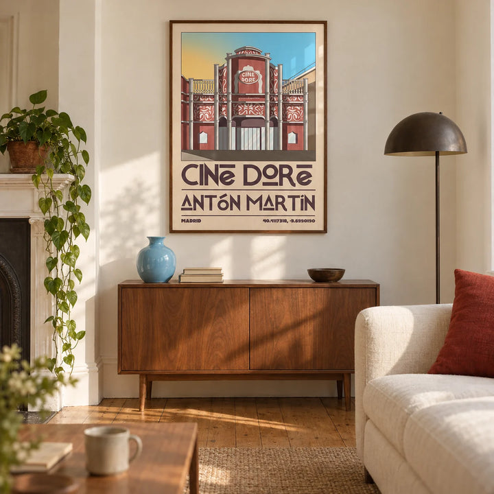 Madrid Landmark Poster, framed on the wall of a warm modern living room in a Victorian terrace with cream plaster walls