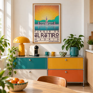 Madrid Landscape Poster shown in a kitchen above a coffee station (frame not included)