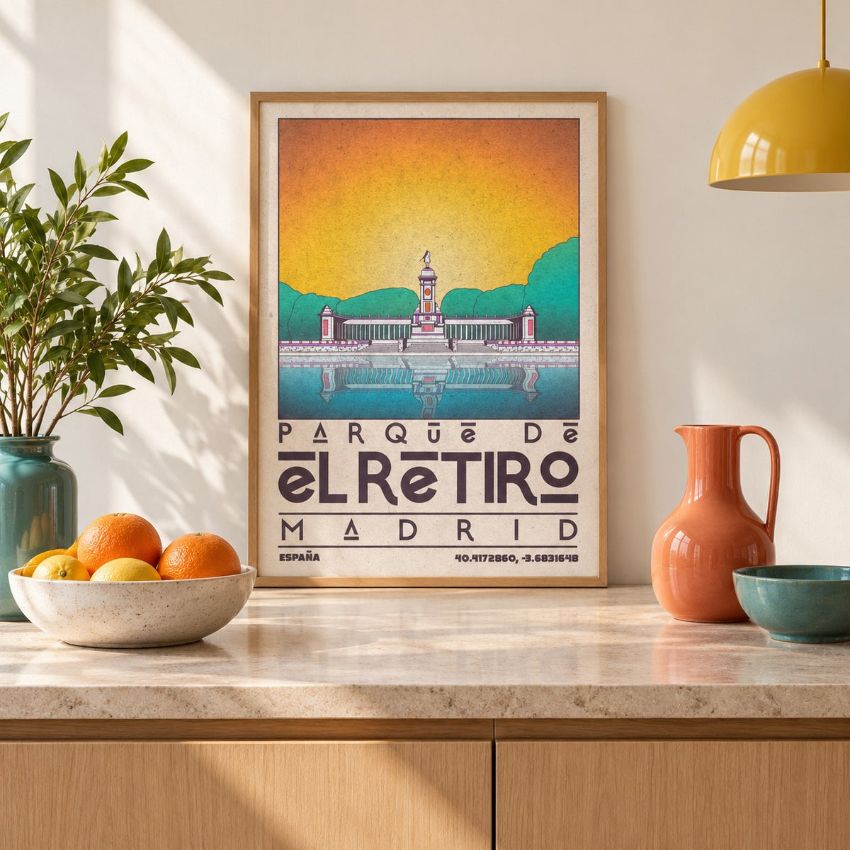 Madrid Landscape Poster shown in a kitchen, leaning on the counter (frame not included)