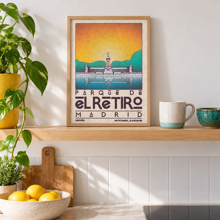 Madrid Landscape Poster shown in the small A4 size on a kitchen shelf (frame not included)